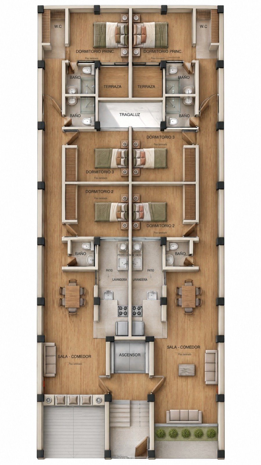 Render del departamento de primer piso de 93 metros cuadrados de El Sauce II